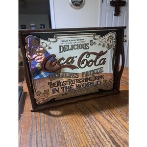 Vintage Coca Cola Mirror and Wood Serving Tray Gold Red Blue Black Brown